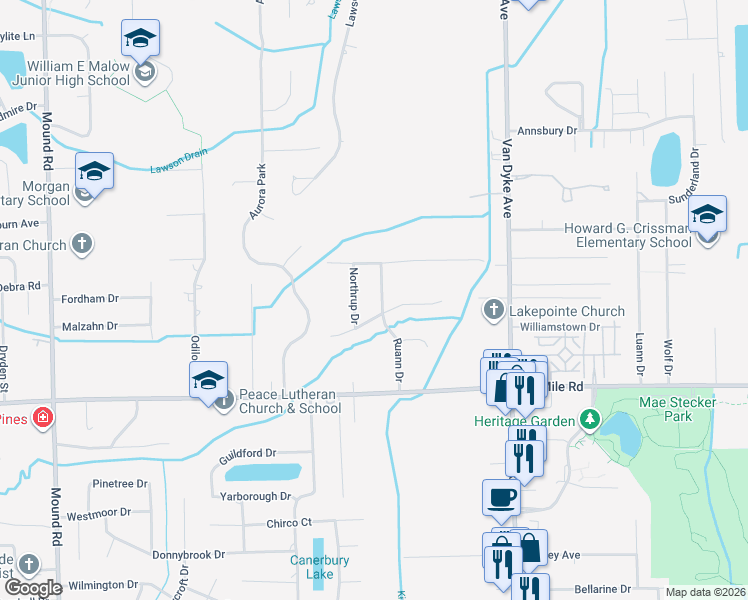map of restaurants, bars, coffee shops, grocery stores, and more near 53329 Ruann Drive in Macomb County