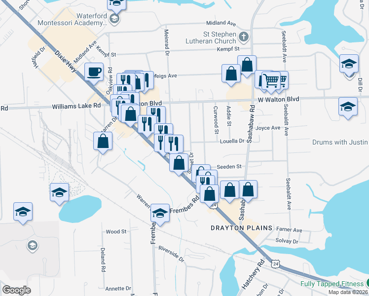 map of restaurants, bars, coffee shops, grocery stores, and more near 4530 Thirza Court in Oakland County