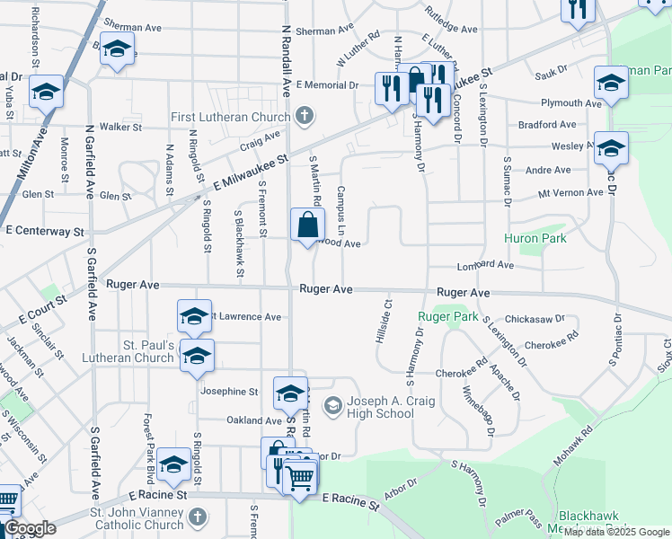 map of restaurants, bars, coffee shops, grocery stores, and more near 72 Campus Lane in Janesville