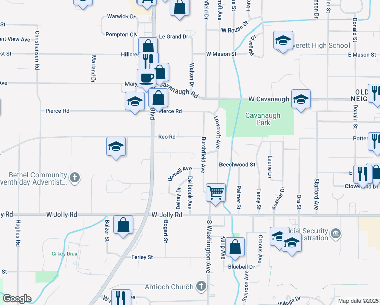 map of restaurants, bars, coffee shops, grocery stores, and more near 901 Vincent Court in Lansing