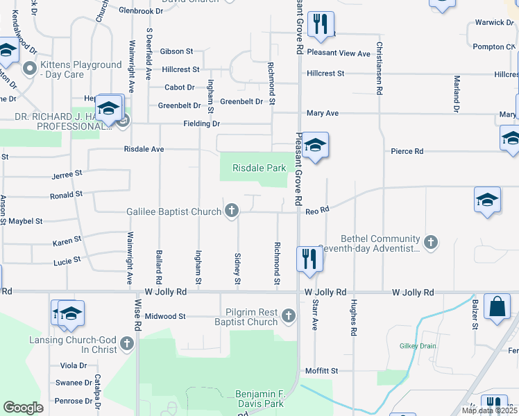map of restaurants, bars, coffee shops, grocery stores, and more near 2370 Reo Road in Lansing