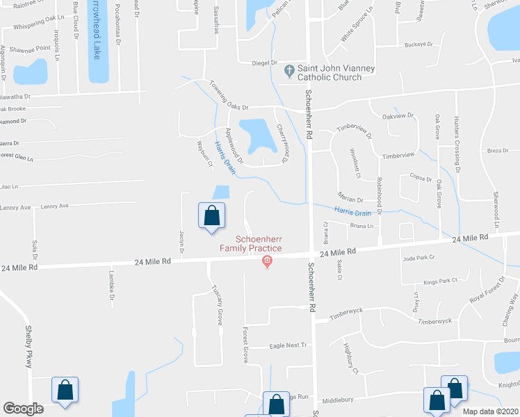 map of restaurants, bars, coffee shops, grocery stores, and more near 53053 Pondview Drive in Macomb County