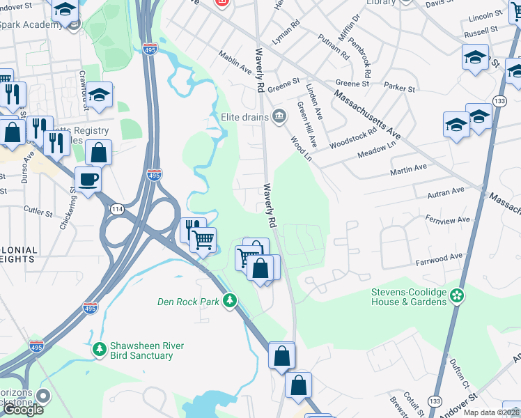 map of restaurants, bars, coffee shops, grocery stores, and more near 25 Marengo Street in North Andover