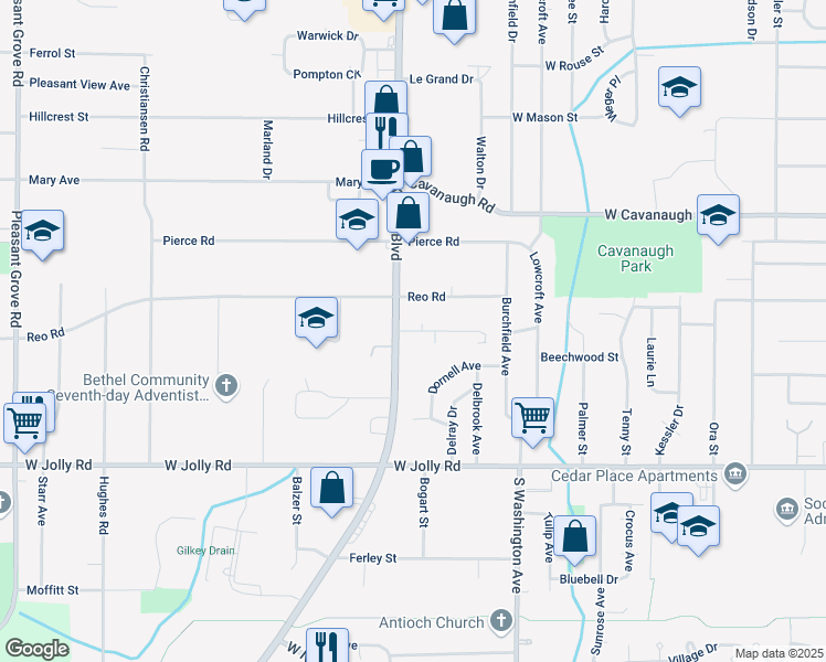 map of restaurants, bars, coffee shops, grocery stores, and more near 1010 Vincent Court in Lansing