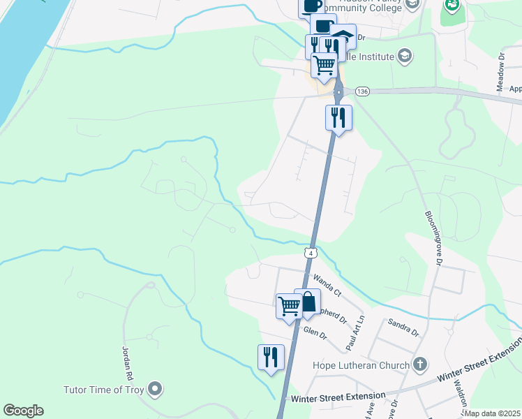 map of restaurants, bars, coffee shops, grocery stores, and more near 1301 Brianna Boulevard in Rensselaer County