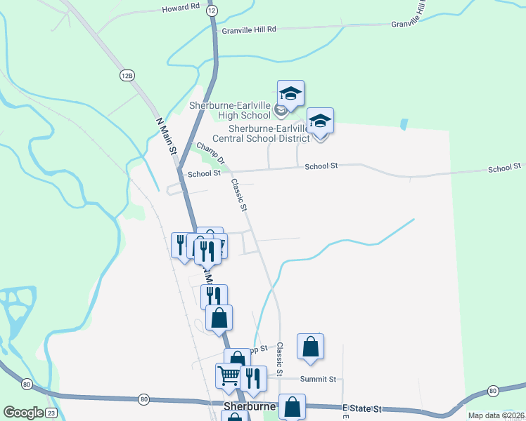 map of restaurants, bars, coffee shops, grocery stores, and more near 47 Classic Street in Sherburne