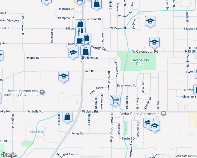 map of restaurants, bars, coffee shops, grocery stores, and more near 930 Vincent Court in Lansing