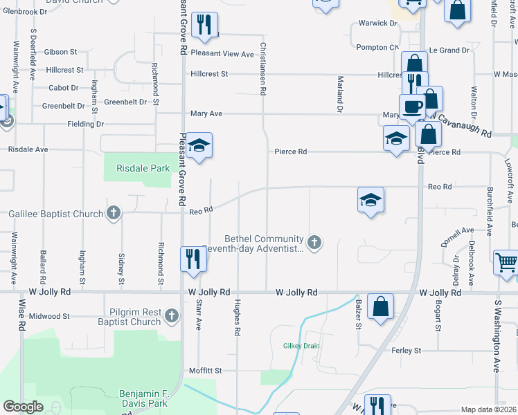 map of restaurants, bars, coffee shops, grocery stores, and more near 4620 Christiansen Road in Lansing
