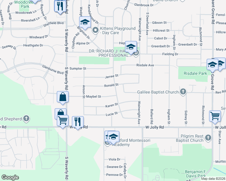 map of restaurants, bars, coffee shops, grocery stores, and more near 3420 Maybel Street in Lansing