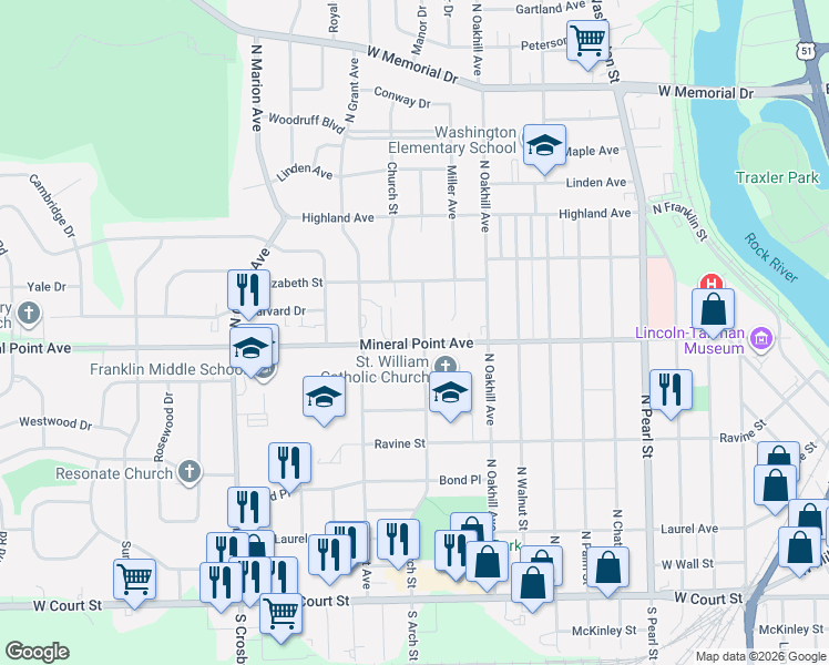 map of restaurants, bars, coffee shops, grocery stores, and more near 516 North Arch Street in Janesville