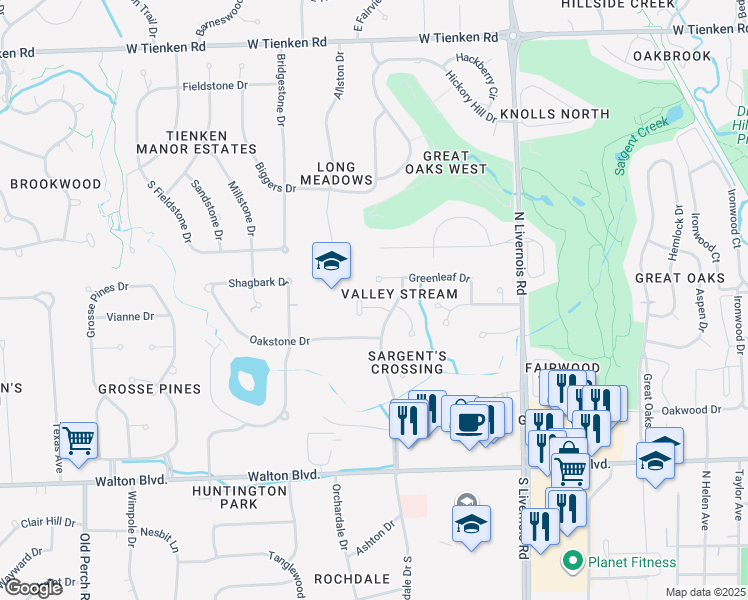 map of restaurants, bars, coffee shops, grocery stores, and more near 1374 Oakrock Lane in Rochester Hills