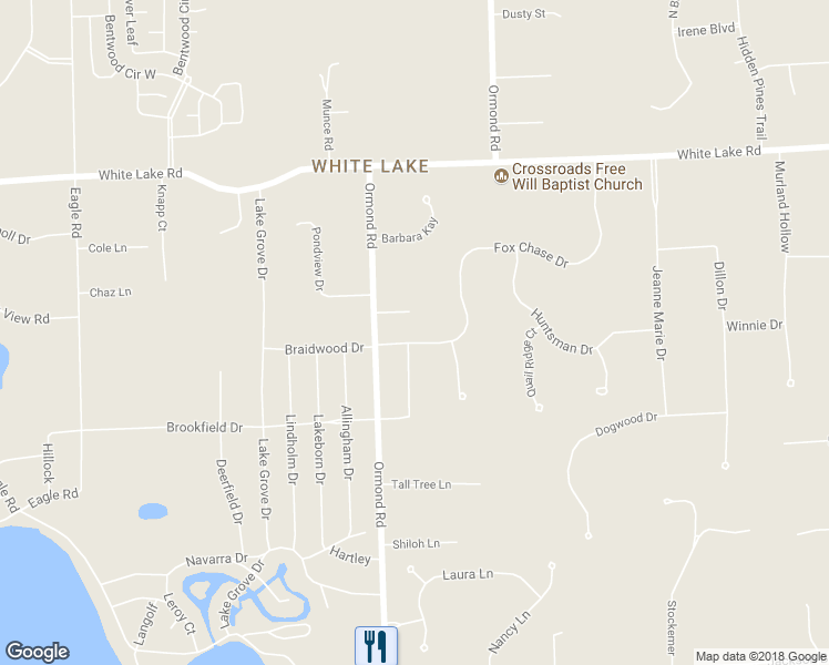map of restaurants, bars, coffee shops, grocery stores, and more near 4565 Braidwood Drive in White Lake charter Township