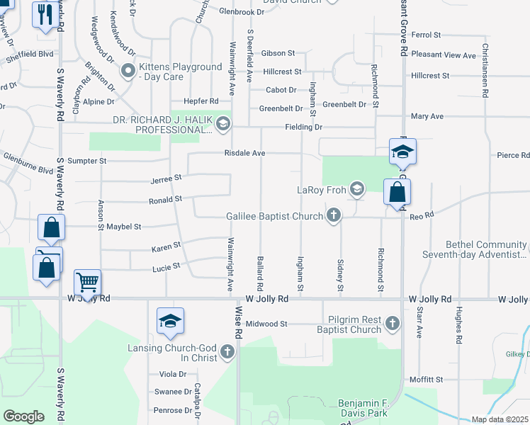 map of restaurants, bars, coffee shops, grocery stores, and more near 2924 Reo Road in Lansing