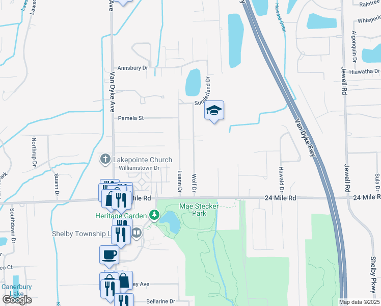 map of restaurants, bars, coffee shops, grocery stores, and more near 53265 Wolf Drive in Macomb County