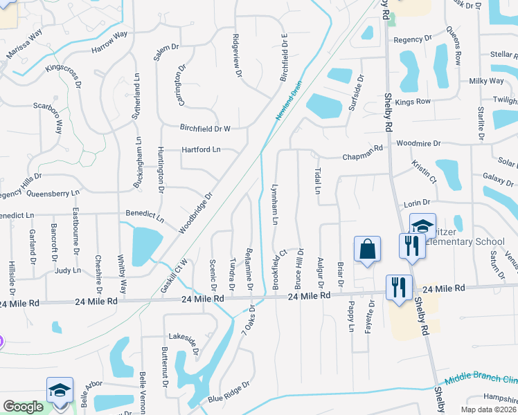 map of restaurants, bars, coffee shops, grocery stores, and more near 53462 Bellamine Drive in Macomb County