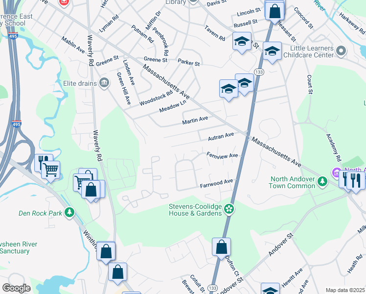 map of restaurants, bars, coffee shops, grocery stores, and more near 112 Autran Avenue in North Andover