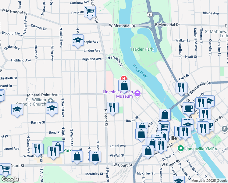 map of restaurants, bars, coffee shops, grocery stores, and more near 510 N Terrace St in Janesville