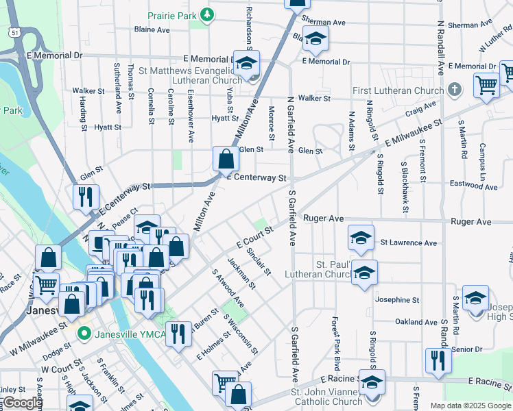 map of restaurants, bars, coffee shops, grocery stores, and more near 826 East Milwaukee Street in Janesville