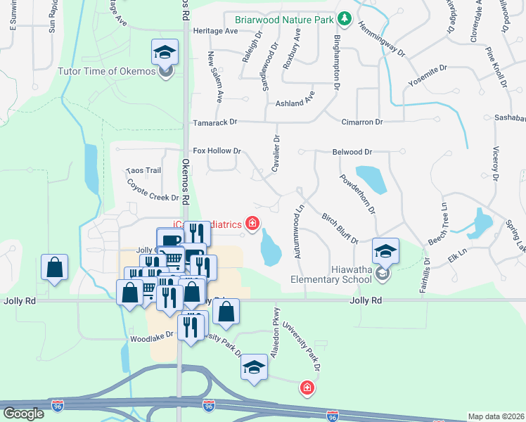 map of restaurants, bars, coffee shops, grocery stores, and more near 3651 East Meadows Court in Meridian charter Township