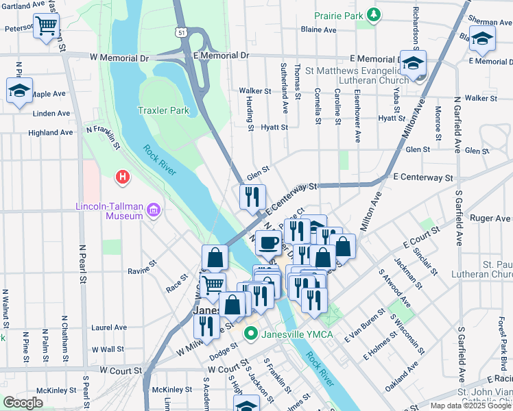 map of restaurants, bars, coffee shops, grocery stores, and more near 418 North Parker Drive in Janesville