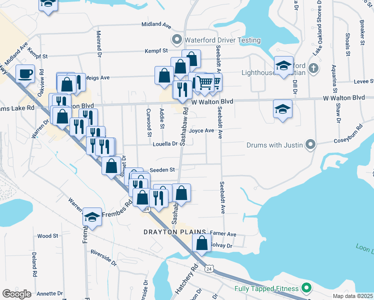 map of restaurants, bars, coffee shops, grocery stores, and more near 3270 Sashabaw Road in Waterford Township
