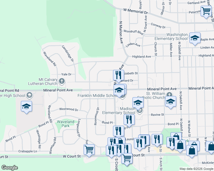 map of restaurants, bars, coffee shops, grocery stores, and more near 2703 Harvard Drive in Janesville