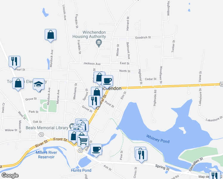 map of restaurants, bars, coffee shops, grocery stores, and more near 103 Maple Street in Winchendon