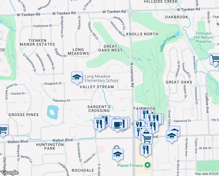 map of restaurants, bars, coffee shops, grocery stores, and more near 1138 Valley Stream Court in Rochester Hills