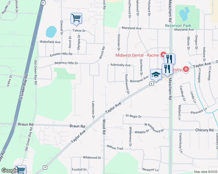 map of restaurants, bars, coffee shops, grocery stores, and more near 3821 Pinehill Boulevard in Racine