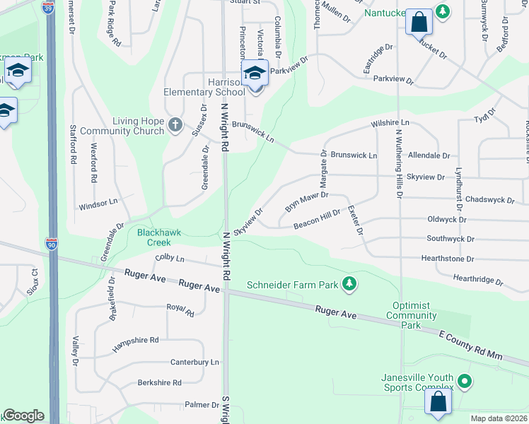 map of restaurants, bars, coffee shops, grocery stores, and more near 3712 Skyview Drive in Janesville