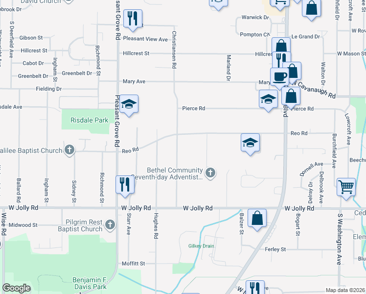 map of restaurants, bars, coffee shops, grocery stores, and more near 4625 Christiansen Road in Lansing
