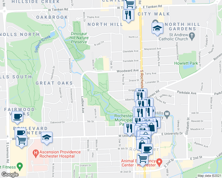 map of restaurants, bars, coffee shops, grocery stores, and more near 348 Griggs Street in Rochester