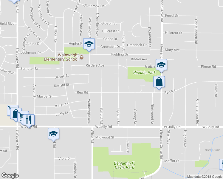 map of restaurants, bars, coffee shops, grocery stores, and more near 2826 Reo Road in Lansing