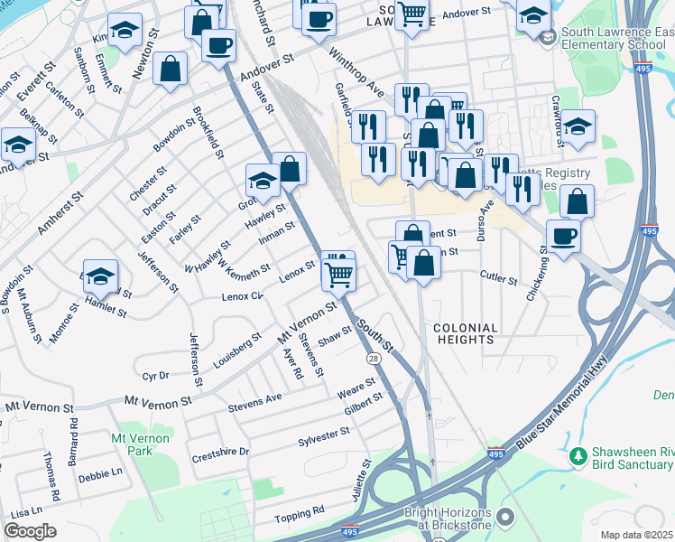 map of restaurants, bars, coffee shops, grocery stores, and more near 366 South Broadway in Lawrence