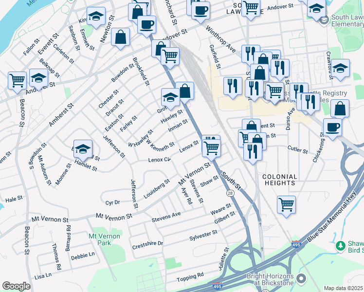 map of restaurants, bars, coffee shops, grocery stores, and more near 19 Lenox Street in Lawrence
