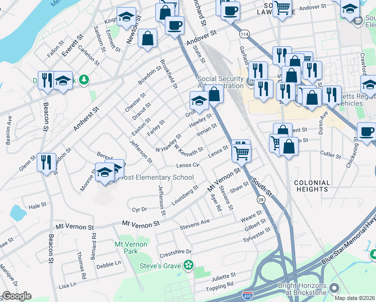 map of restaurants, bars, coffee shops, grocery stores, and more near 10 West Kenneth Street in Lawrence