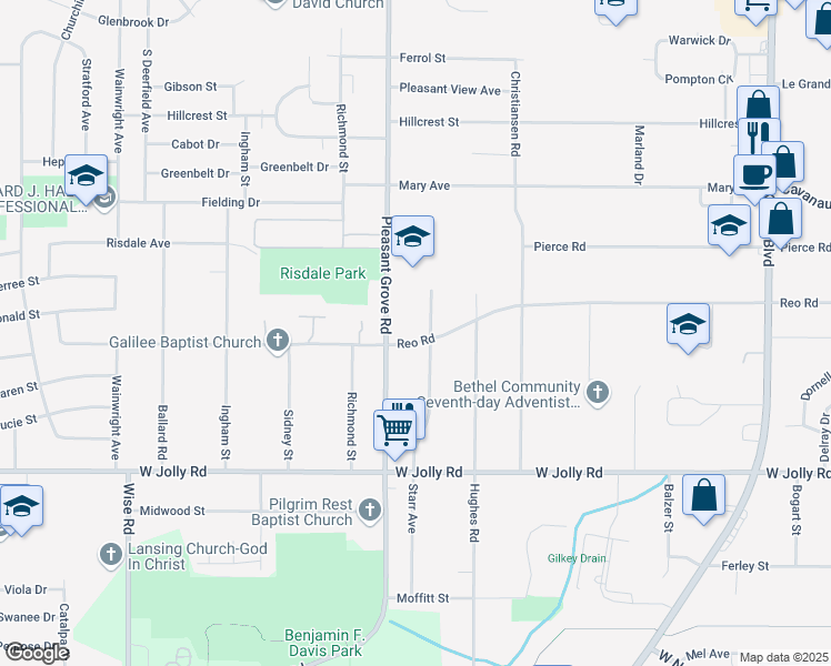 map of restaurants, bars, coffee shops, grocery stores, and more near 2036 Reo Road in Lansing