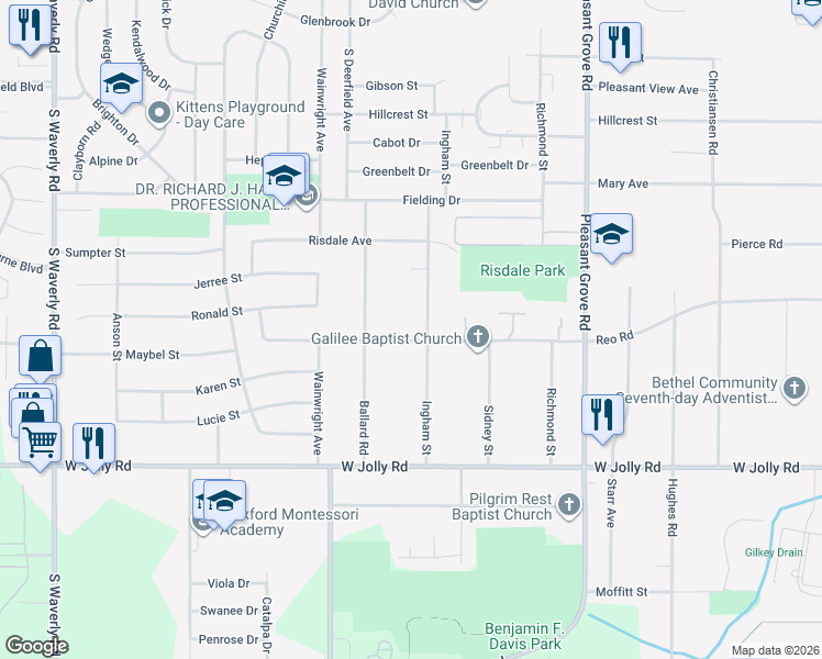 map of restaurants, bars, coffee shops, grocery stores, and more near 2826 Reo Road in Lansing