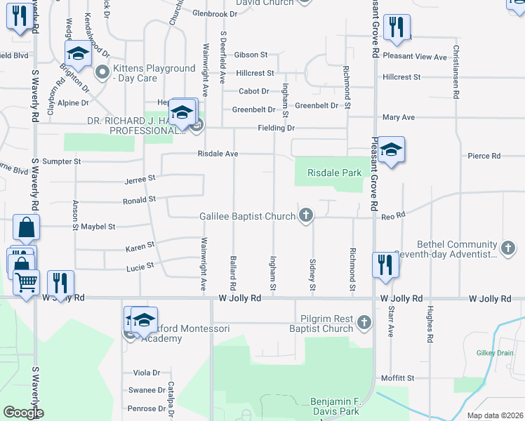 map of restaurants, bars, coffee shops, grocery stores, and more near 2826 Reo Road in Lansing