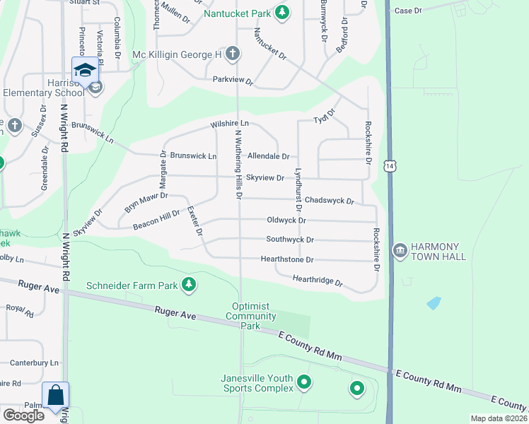 map of restaurants, bars, coffee shops, grocery stores, and more near 4247 Oldwyck Drive in Janesville
