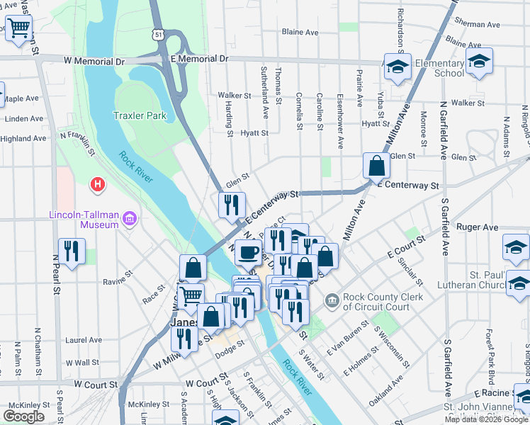 map of restaurants, bars, coffee shops, grocery stores, and more near 310 East Centerway Street in Janesville