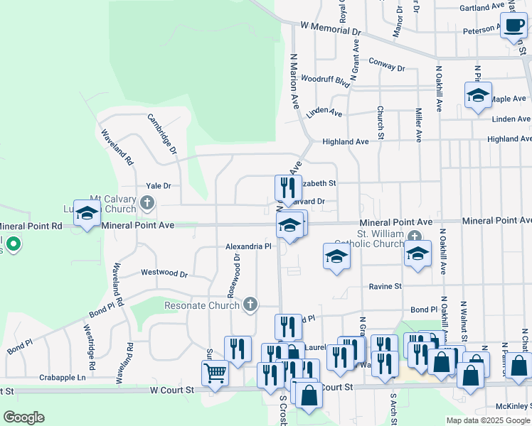 map of restaurants, bars, coffee shops, grocery stores, and more near 2510 Mineral Point Avenue in Janesville