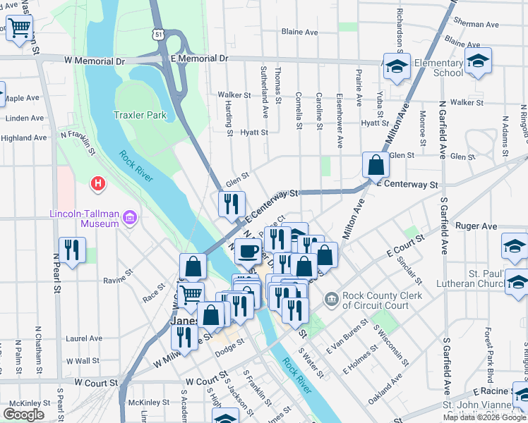 map of restaurants, bars, coffee shops, grocery stores, and more near 310 East Centerway Street in Janesville