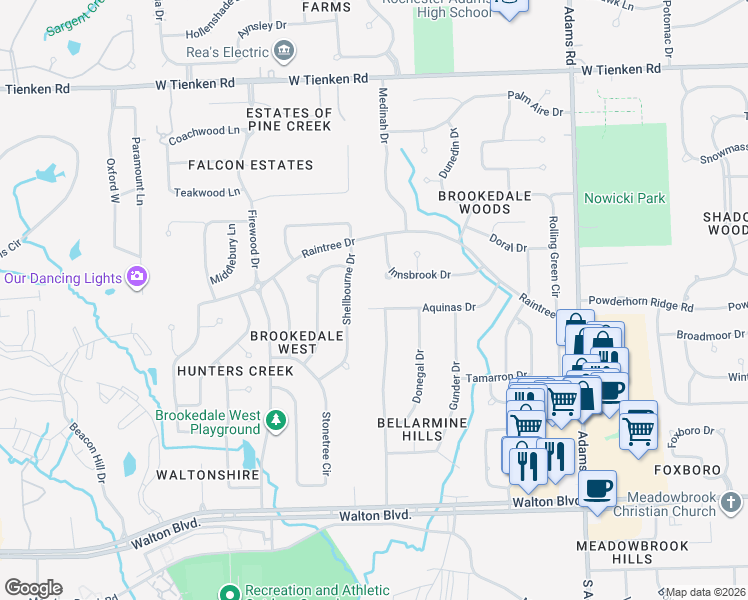 map of restaurants, bars, coffee shops, grocery stores, and more near 3490 Aquinas Drive in Rochester Hills