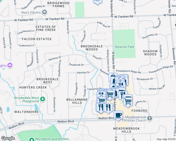 map of restaurants, bars, coffee shops, grocery stores, and more near 3314 Aquinas Drive in Rochester Hills
