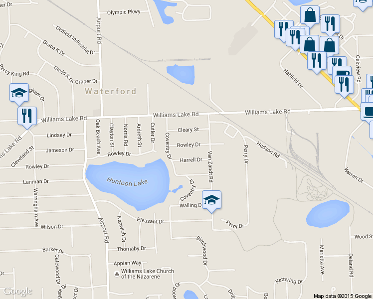 map of restaurants, bars, coffee shops, grocery stores, and more near 5625 Rowley Dr in Waterford Township
