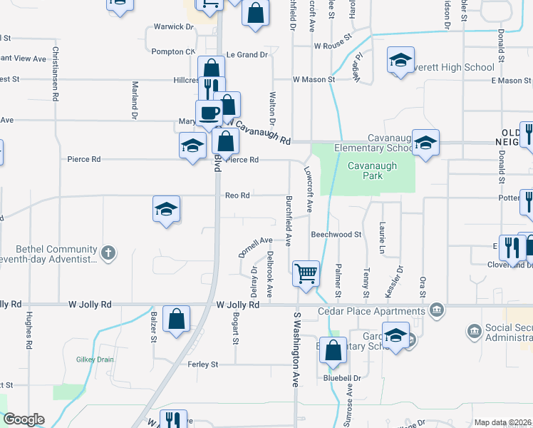 map of restaurants, bars, coffee shops, grocery stores, and more near 910 Vincent Court in Lansing
