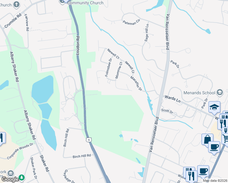 map of restaurants, bars, coffee shops, grocery stores, and more near 7 Momrow Terrace in Menands