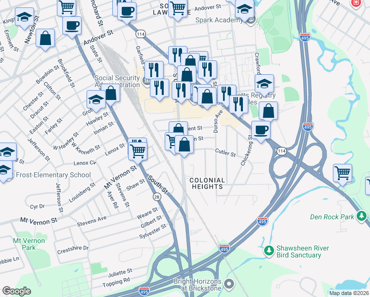 map of restaurants, bars, coffee shops, grocery stores, and more near 592 South Union Street in Lawrence