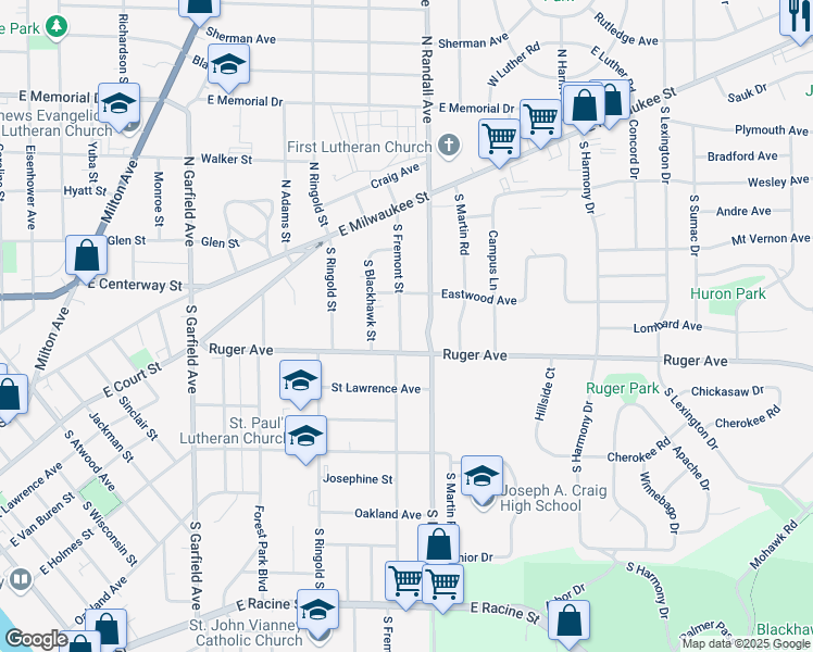 map of restaurants, bars, coffee shops, grocery stores, and more near 77 South Fremont Street in Janesville